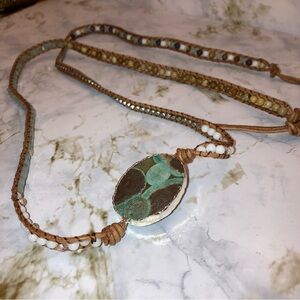 Artisan Belt Green and Brown Pendant Beaded Bohemian Native Western Cowgirl